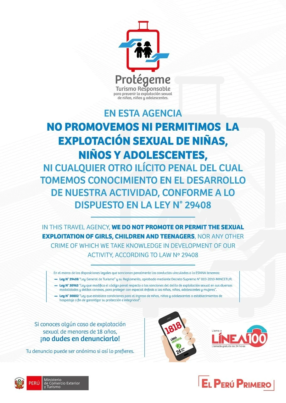 Cartel Protégeme del Ministerio de Comercio Exterior y Turismo: en esta agencia no promovemos ni permitimos la explotación sexual de niñas, niños y adolescentes